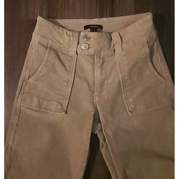 Women's Corduroy Pants Tan Small Forever 21 Flare Utility Oatmeal Wide-Leg - Picture 3 of 7